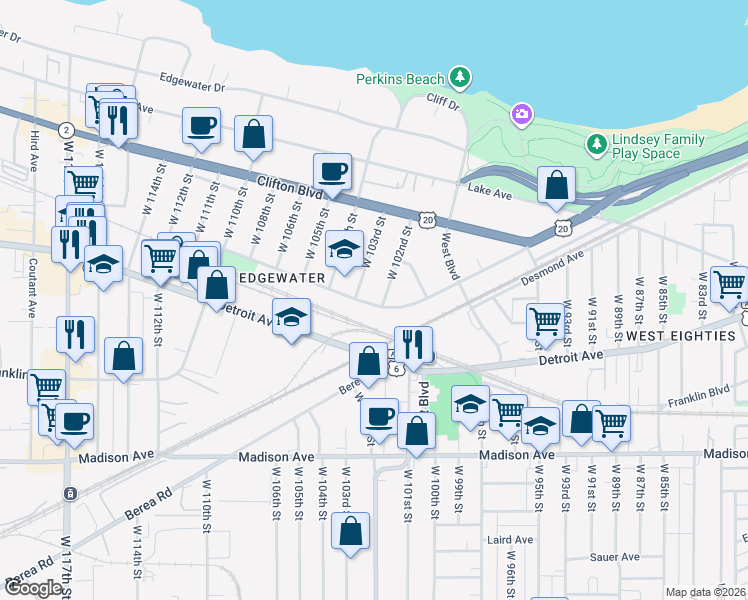 map of restaurants, bars, coffee shops, grocery stores, and more near 1339 West 103rd Street in Cleveland