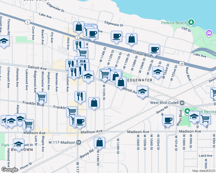 map of restaurants, bars, coffee shops, grocery stores, and more near 11201 Detroit Avenue in Cleveland