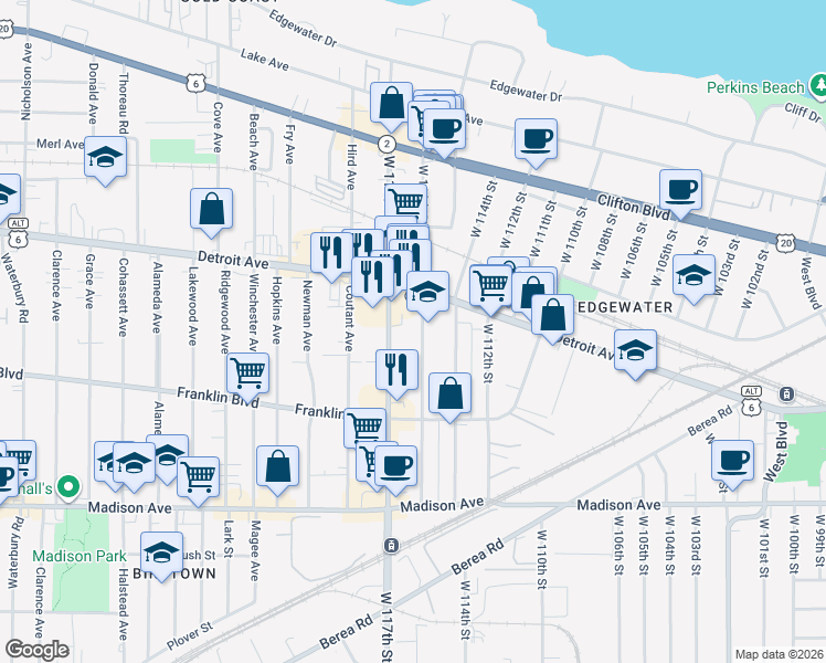 map of restaurants, bars, coffee shops, grocery stores, and more near 1426 West 116th Street in Cleveland