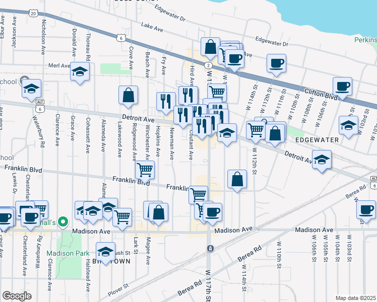 map of restaurants, bars, coffee shops, grocery stores, and more near 1446 Coutant Avenue in Lakewood