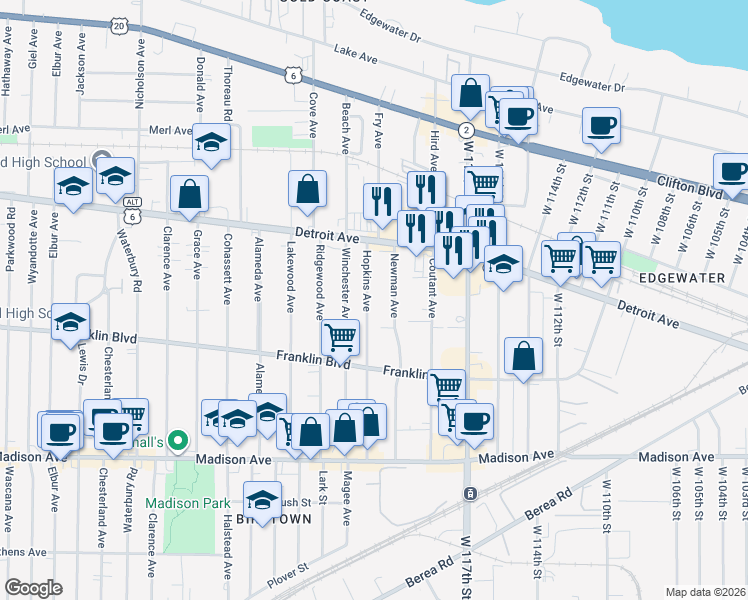 map of restaurants, bars, coffee shops, grocery stores, and more near 1450 Newman Avenue in Lakewood