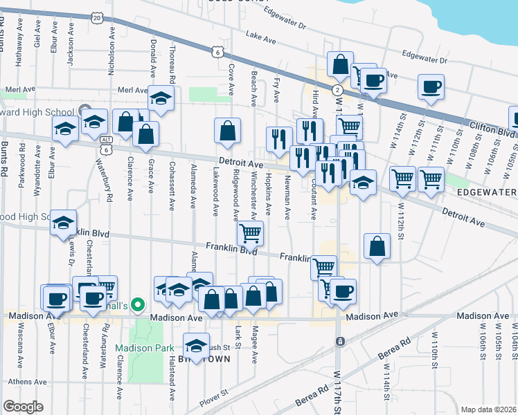 map of restaurants, bars, coffee shops, grocery stores, and more near 1457 Winchester Avenue in Lakewood