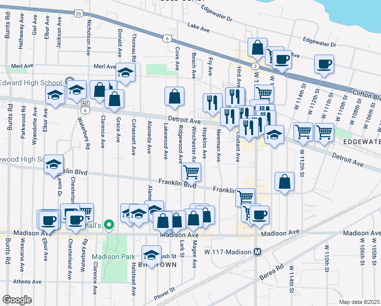 map of restaurants, bars, coffee shops, grocery stores, and more near 1457 Winchester Avenue in Lakewood