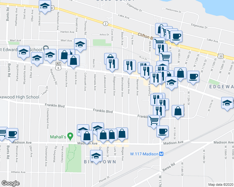map of restaurants, bars, coffee shops, grocery stores, and more near 1457 Winchester Avenue in Lakewood