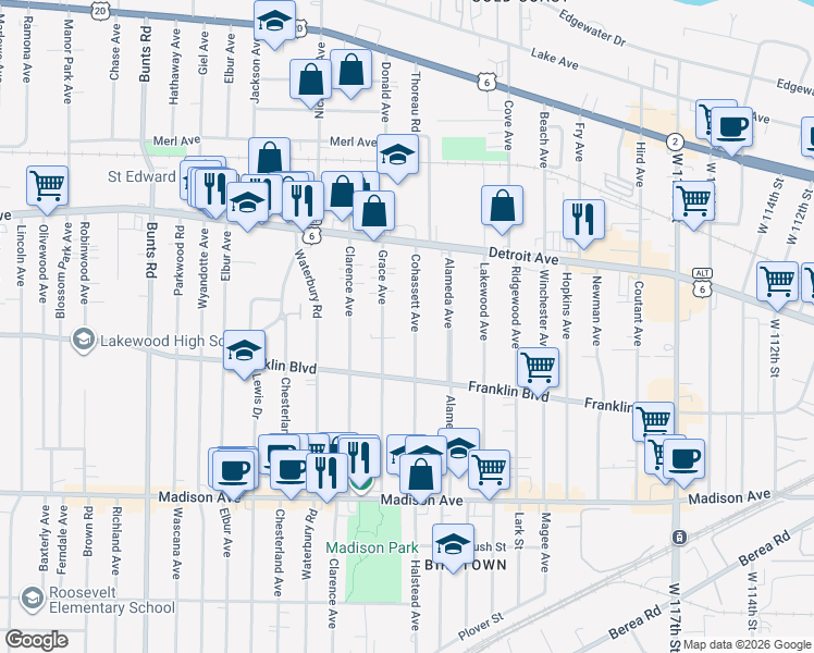map of restaurants, bars, coffee shops, grocery stores, and more near 1475 Grace Avenue in Lakewood