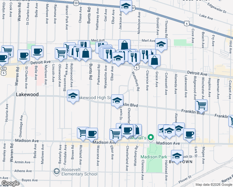 map of restaurants, bars, coffee shops, grocery stores, and more near 1502 Parkway Drive in Lakewood