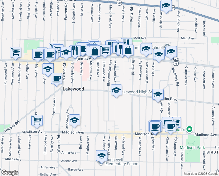 map of restaurants, bars, coffee shops, grocery stores, and more near 1505 Olivewood Avenue in Lakewood