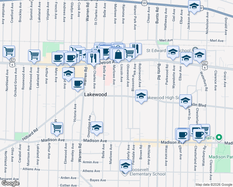map of restaurants, bars, coffee shops, grocery stores, and more near 1507 Lincoln Avenue in Lakewood