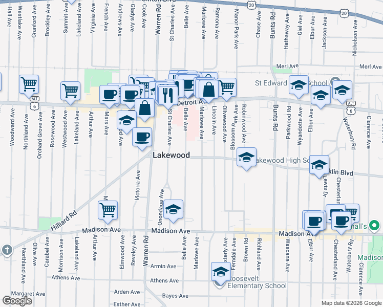 map of restaurants, bars, coffee shops, grocery stores, and more near 1501 Belle Avenue in Lakewood