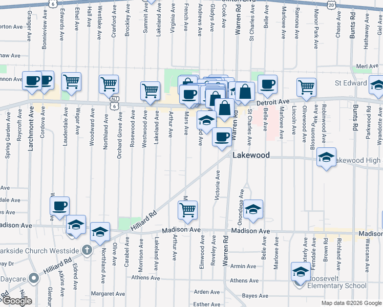 map of restaurants, bars, coffee shops, grocery stores, and more near 1488 Elmwood Avenue in Lakewood