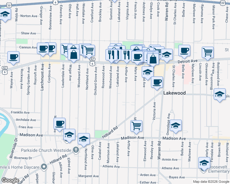 map of restaurants, bars, coffee shops, grocery stores, and more near 1493 Westwood Avenue in Lakewood