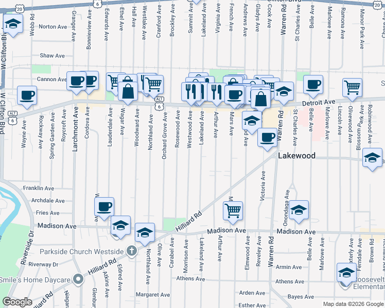 map of restaurants, bars, coffee shops, grocery stores, and more near 1493 Westwood Avenue in Lakewood
