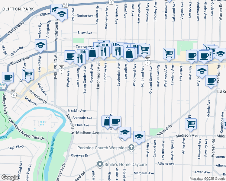 map of restaurants, bars, coffee shops, grocery stores, and more near 1501 Winton Avenue in Lakewood