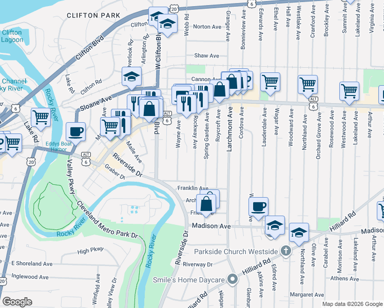 map of restaurants, bars, coffee shops, grocery stores, and more near 1475 Wayne Avenue in Lakewood