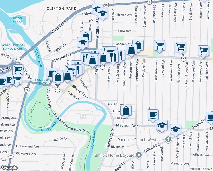 map of restaurants, bars, coffee shops, grocery stores, and more near 1465 Clifton Place in Lakewood