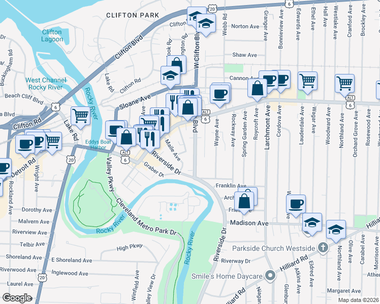 map of restaurants, bars, coffee shops, grocery stores, and more near 1460 West Clifton Boulevard in Lakewood