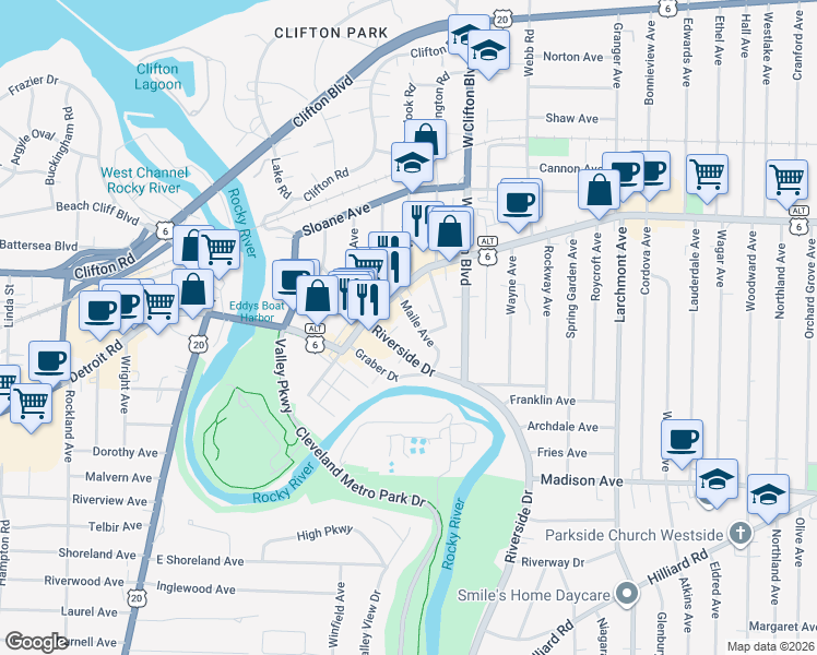 map of restaurants, bars, coffee shops, grocery stores, and more near in Lakewood