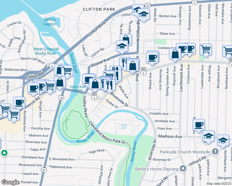 map of restaurants, bars, coffee shops, grocery stores, and more near in Lakewood