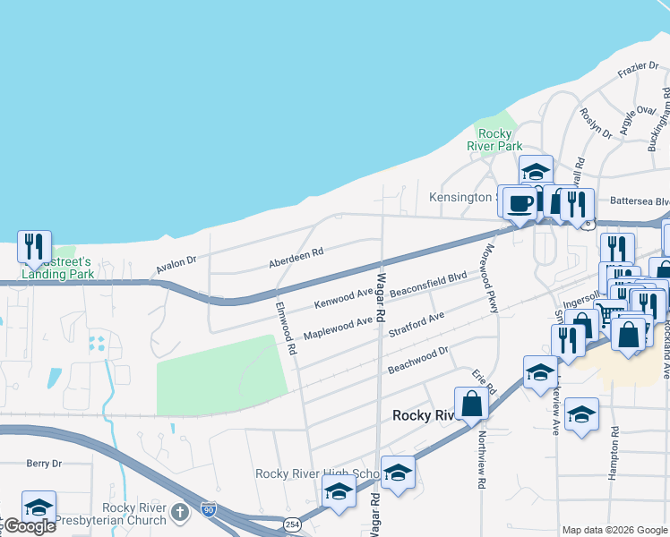 map of restaurants, bars, coffee shops, grocery stores, and more near 21301 Aberdeen Road in Rocky River