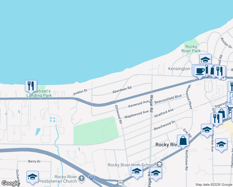 map of restaurants, bars, coffee shops, grocery stores, and more near 282 Elmwood Road in Rocky River