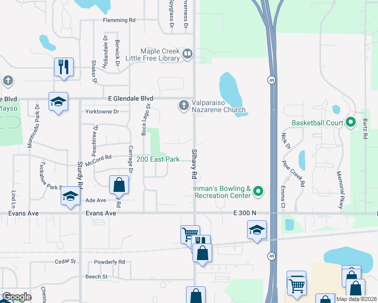 map of restaurants, bars, coffee shops, grocery stores, and more near 1500-1598 Silhavy Road in Valparaiso
