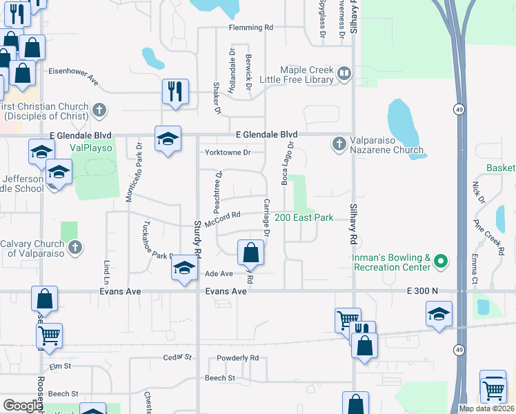 map of restaurants, bars, coffee shops, grocery stores, and more near 2302 Dunwoody Drive in Valparaiso
