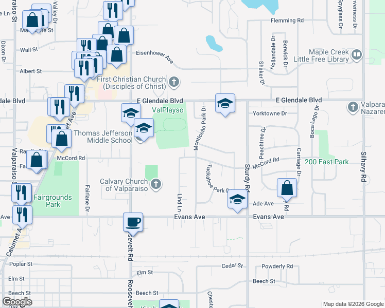 map of restaurants, bars, coffee shops, grocery stores, and more near 1509 Monticello Park Drive in Valparaiso