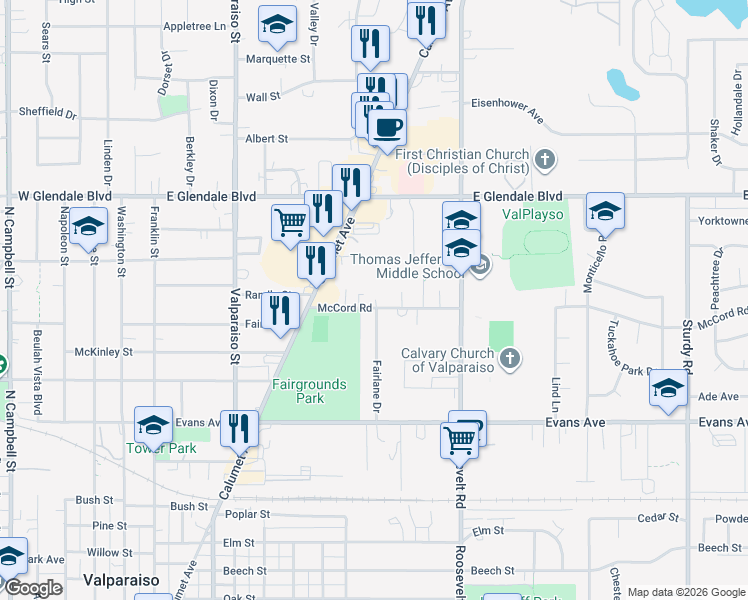 map of restaurants, bars, coffee shops, grocery stores, and more near 601-899 McCord Road in Valparaiso