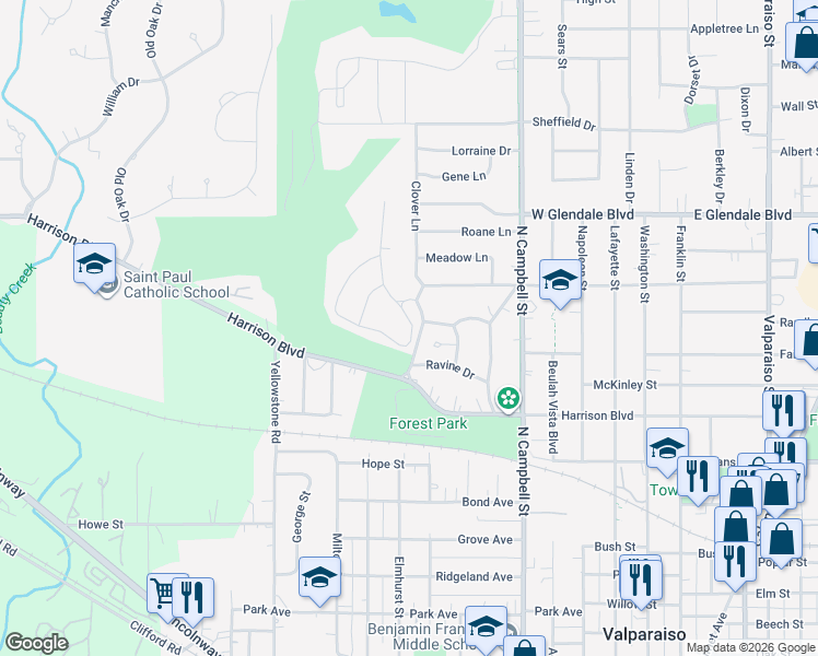 map of restaurants, bars, coffee shops, grocery stores, and more near 700-1260 Del Vista Drive in Valparaiso