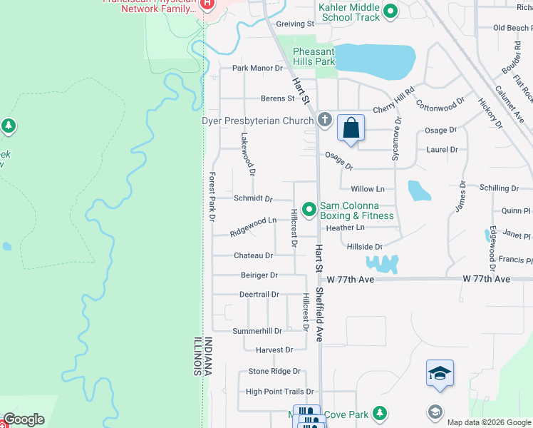 map of restaurants, bars, coffee shops, grocery stores, and more near 110 Schmidt Drive in Dyer