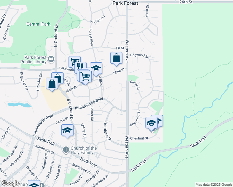 map of restaurants, bars, coffee shops, grocery stores, and more near 3310 Western Avenue in Park Forest