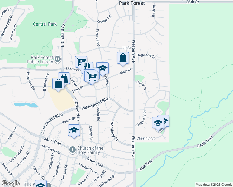 map of restaurants, bars, coffee shops, grocery stores, and more near 327 Forest Blvd in Park Forest