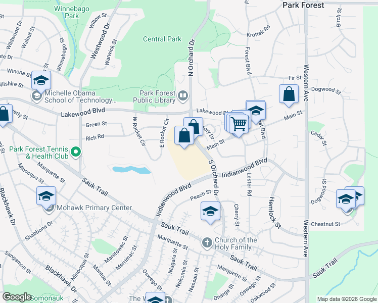 map of restaurants, bars, coffee shops, grocery stores, and more near 90 South Orchard Drive in Park Forest