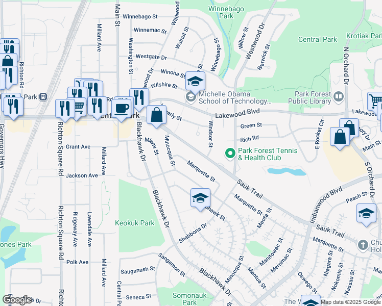 map of restaurants, bars, coffee shops, grocery stores, and more near 345 Sauk Trail in Park Forest