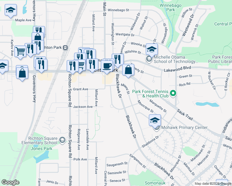 map of restaurants, bars, coffee shops, grocery stores, and more near 428 Suwanee Street in Park Forest