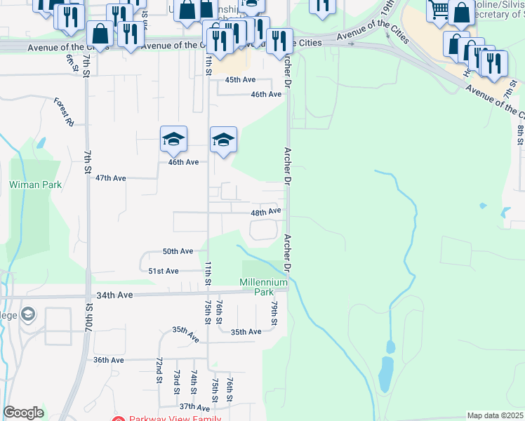 map of restaurants, bars, coffee shops, grocery stores, and more near 1214 47th Avenue Court in East Moline