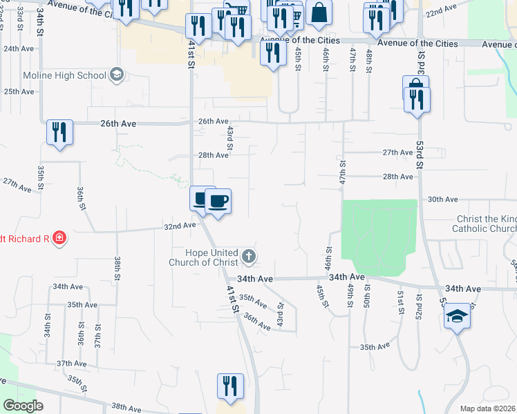 map of restaurants, bars, coffee shops, grocery stores, and more near 2920 44th St in Moline