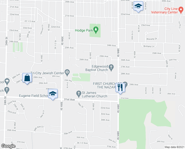 map of restaurants, bars, coffee shops, grocery stores, and more near 2728 34th Street in Rock Island
