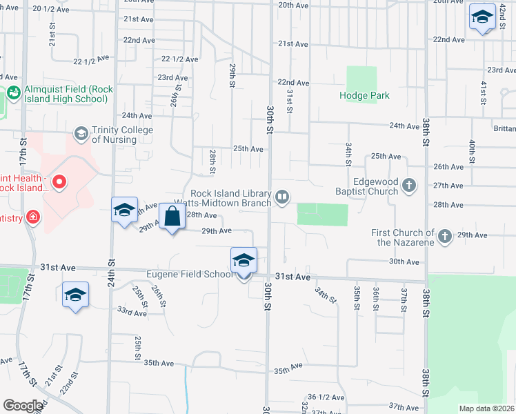 map of restaurants, bars, coffee shops, grocery stores, and more near 2930 27th Avenue in Rock Island