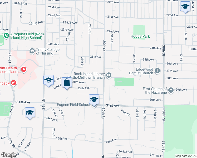 map of restaurants, bars, coffee shops, grocery stores, and more near 2930 27th Avenue in Rock Island