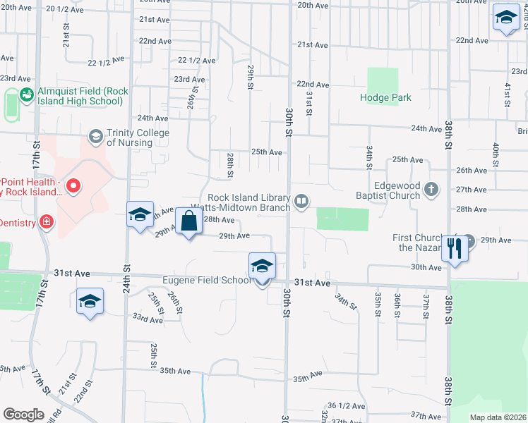 map of restaurants, bars, coffee shops, grocery stores, and more near 2900 27th Avenue in Rock Island