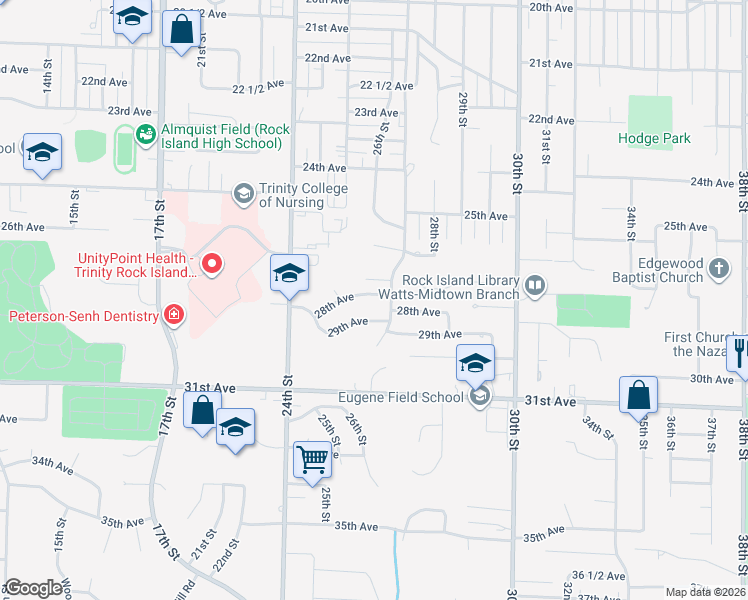 map of restaurants, bars, coffee shops, grocery stores, and more near 2525 28th Avenue in Rock Island