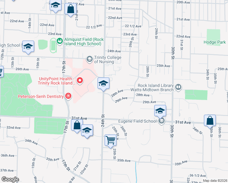 map of restaurants, bars, coffee shops, grocery stores, and more near 2400 28th Avenue Court in Rock Island