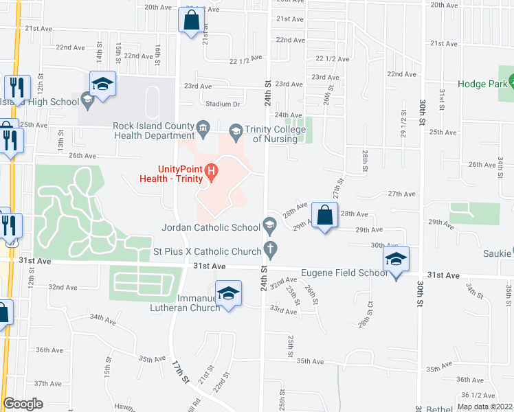 map of restaurants, bars, coffee shops, grocery stores, and more near 2735 24th Street in Rock Island