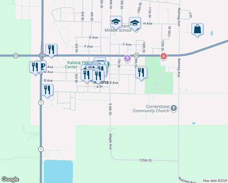 map of restaurants, bars, coffee shops, grocery stores, and more near 101-199 7th Street in Kalona