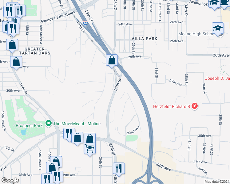 map of restaurants, bars, coffee shops, grocery stores, and more near 2852 27th Street in Moline