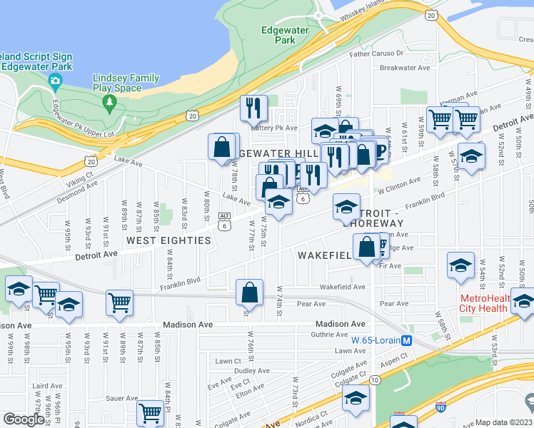 map of restaurants, bars, coffee shops, grocery stores, and more near 1401 West 75th Street in Cleveland
