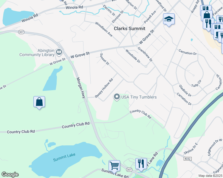 map of restaurants, bars, coffee shops, grocery stores, and more near 1010 Woodland Way in Clarks Summit