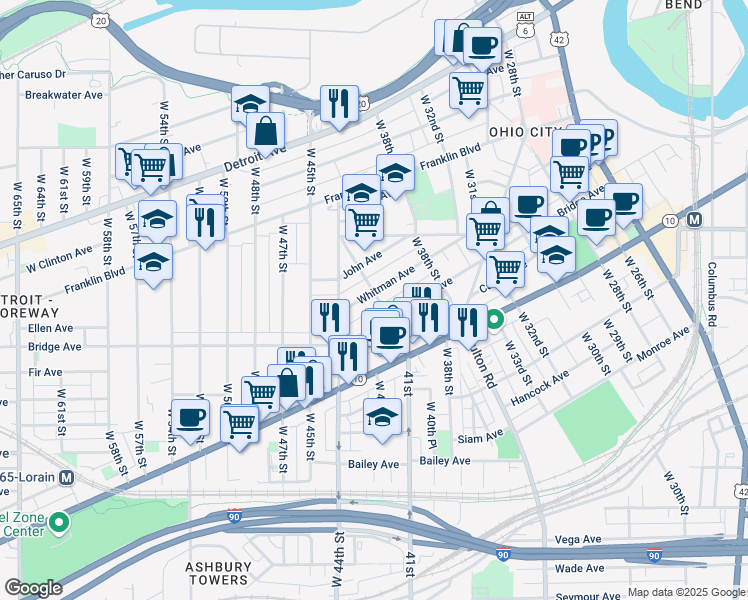 map of restaurants, bars, coffee shops, grocery stores, and more near 4120 Whitman Avenue in Cleveland