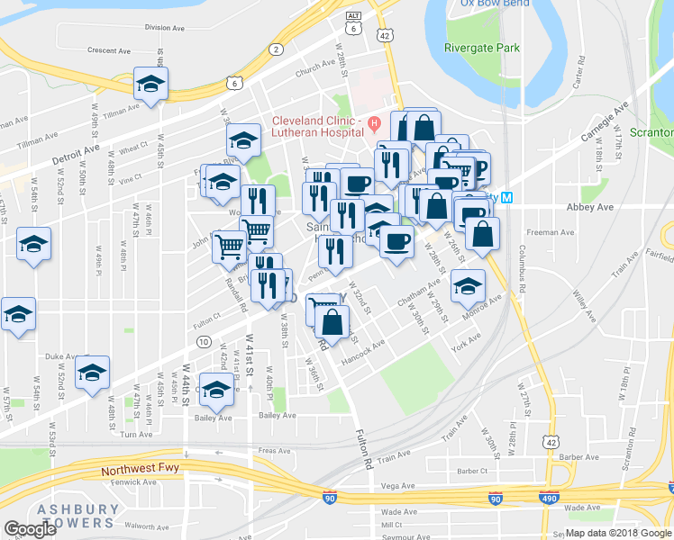 map of restaurants, bars, coffee shops, grocery stores, and more near 3214 Lorain Ave in Cleveland